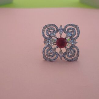 Red Stone Floral Zircon Statement Silver Ring