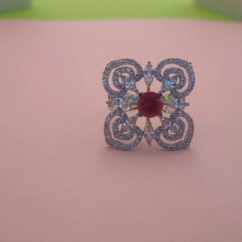 Red Stone Floral Zircon Statement Silver Ring