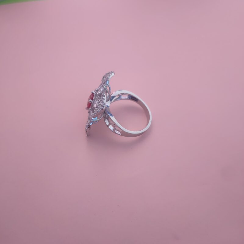 Red Stone Floral Zircon Statement Silver Ring