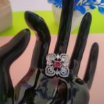 Red Stone Floral Zircon Statement Silver Ring